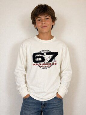 Polo Jeans Ralph Lauren Shirt Long Sleeve White Six Seven Logo Medium Vintage